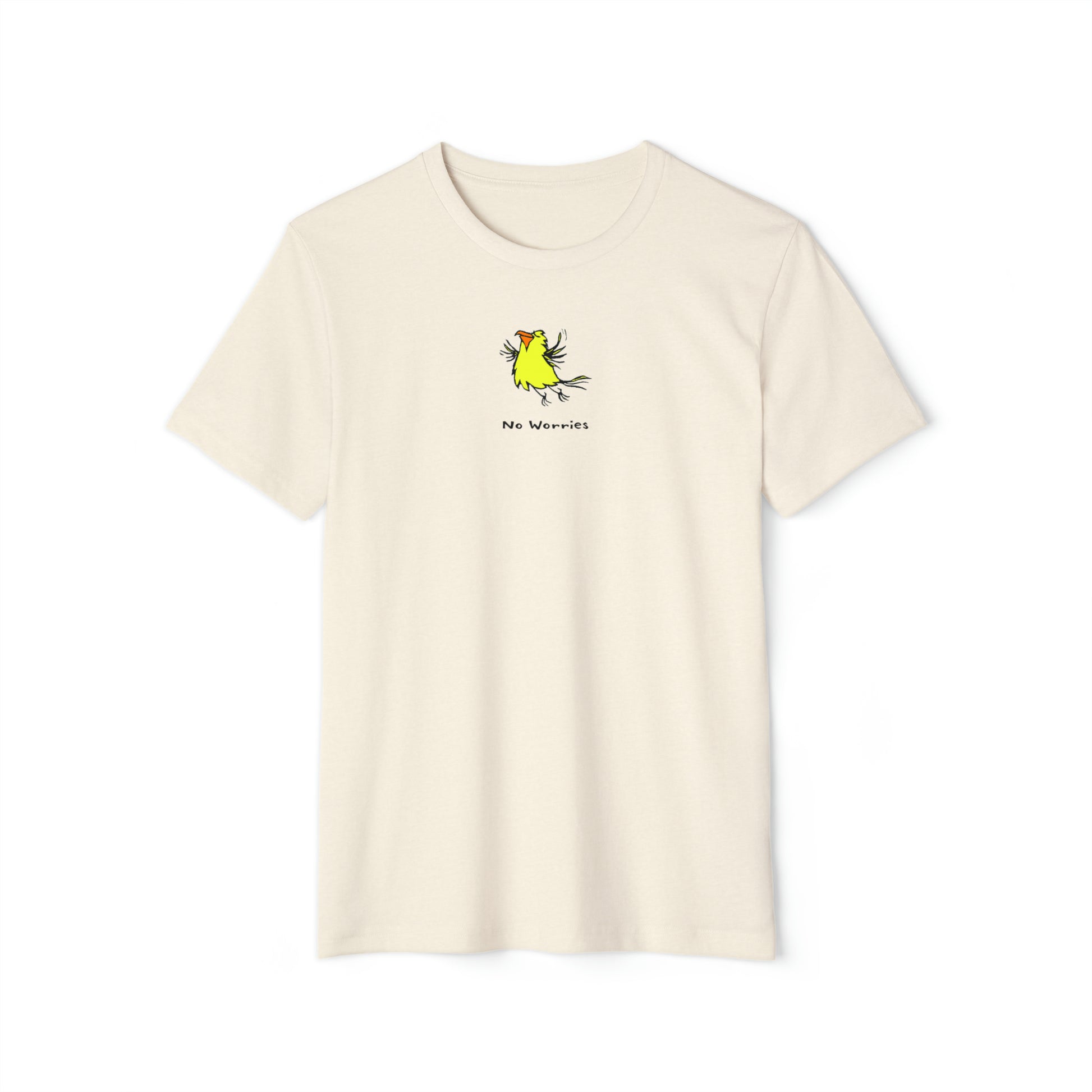 Yellow flying bird with orange beak on heather natural off-white color unisex men's t-shirt. Text under image says No Worries
