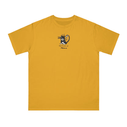 Beehive yellow organic unisex t-shirt featuring a humorous cartoon cat design with the text “The Power of Meow,” perfect for cat lovers.