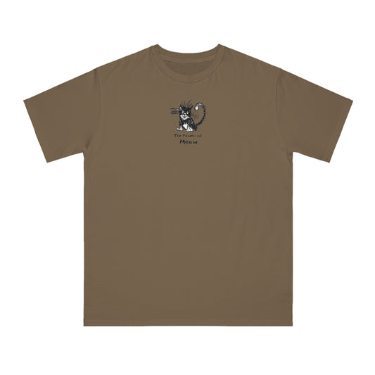 Meteorite brown organic unisex t-shirt featuring a humorous cartoon cat design with the text “The Power of Meow,” perfect for cat lovers.