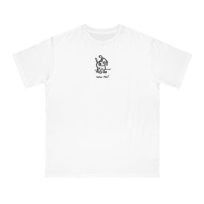 White dog with head cocked to one side on white unisex men's t-shirt. Text under image reads Who Me