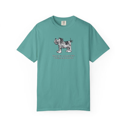 Comfort Colors unisex seafoam, blue-green short-sleeve crew neck T-shirt featuring shaggy dog artwork from an original linoleum block print by Barry Nelles, with the humorous text “Please wait a moment while I verify you are humane” printed below the image. Makin’ a Difference.