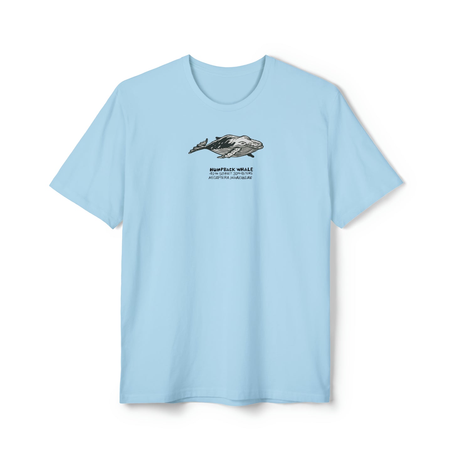 Black, white, and gray Humpback Whale on crystal blue color unisex men's t-shirt. Text under image says Humpback Whale plus height weight and Latin name.