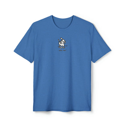 Black and white dog with head cocked to one side on blue heather color recycled unisex men's t-shirt. Text under image says Who Me?