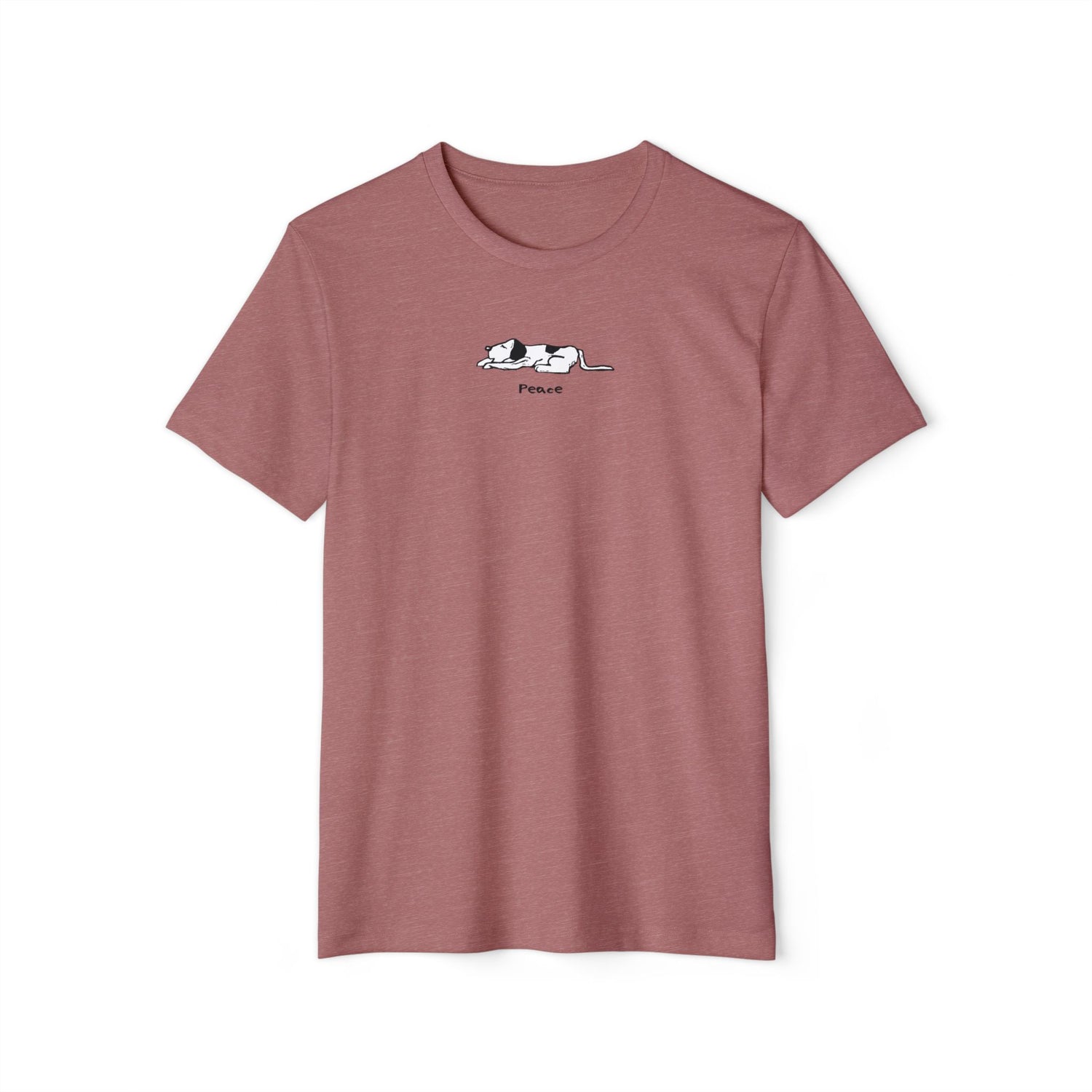 Rust red colored t-shirt featuring a black and white cartoon-style lying down sleeping dog with the word “Peace” written below.