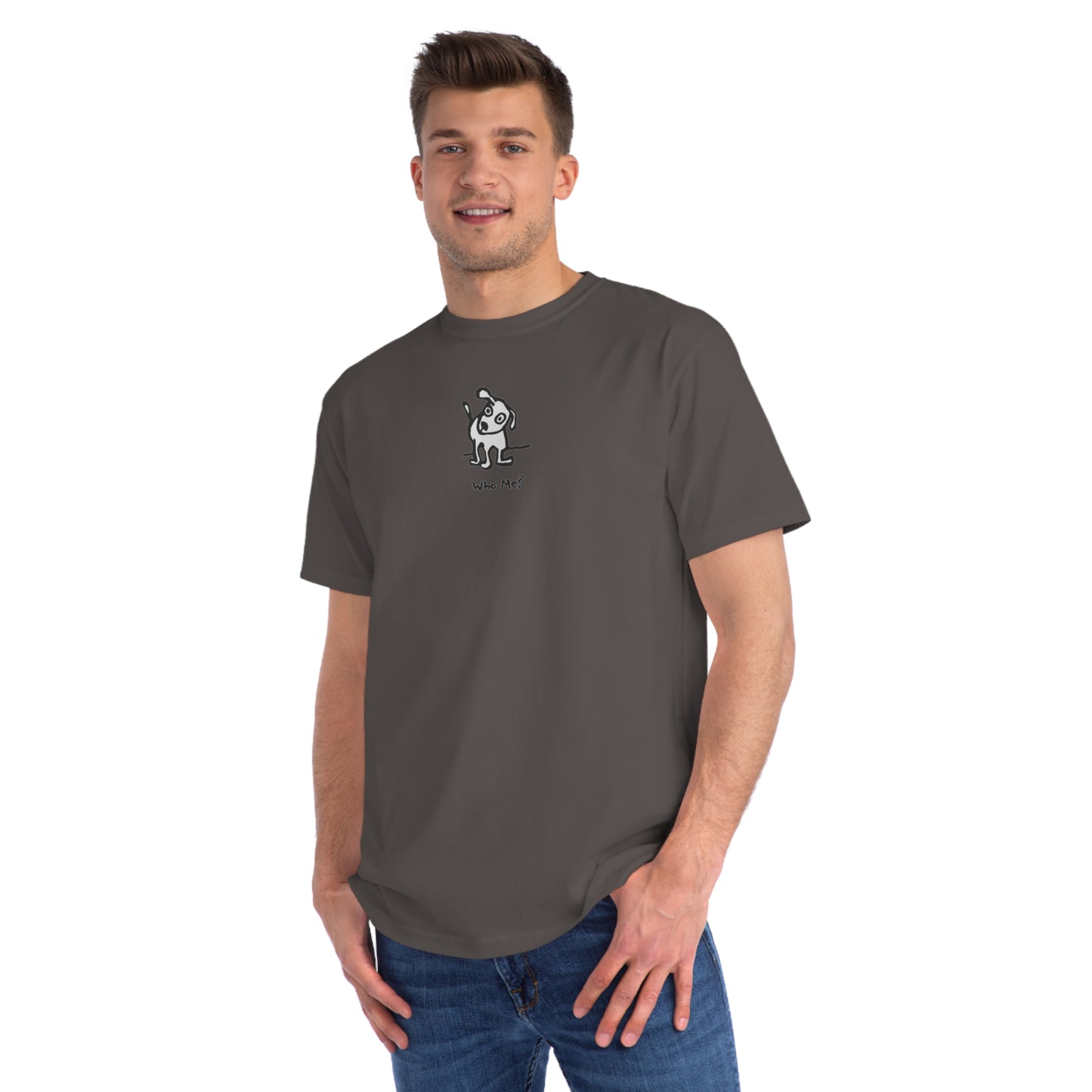 Man in charcoal dark gray organic unisex t-shirt featuring a playful, cartoon-style dog with one ear raised and a wagging tail, with the caption “Who Me?” printed below—a fun eco-friendly graphic tee for dog lovers.