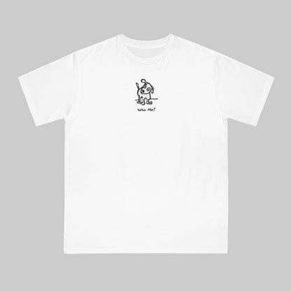 White organic unisex t-shirt featuring a playful, cartoon-style dog with one ear raised and a wagging tail, with the caption “Who Me?” printed below—a fun eco-friendly graphic tee for dog lovers.