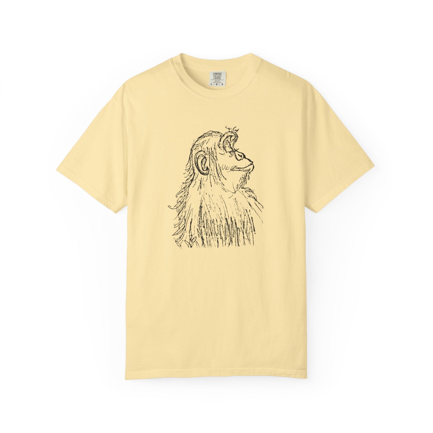 Banana T-shirt 'Embrace the Monkey Mind' with black sketch of an ape in profile looking right