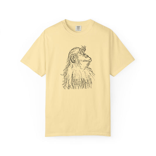 Banana T-shirt 'Embrace the Monkey Mind' with black sketch of an ape in profile looking right