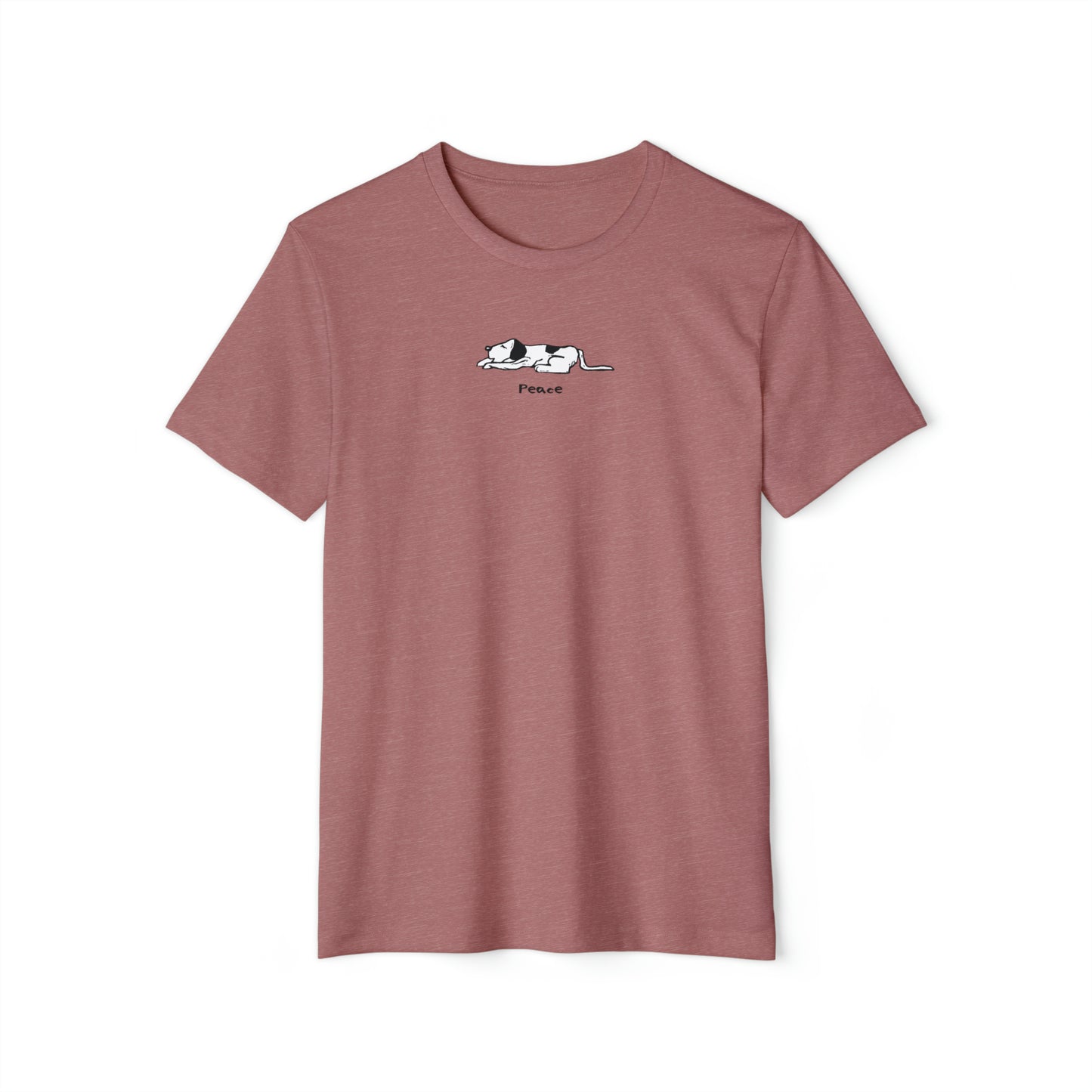Black and white lying down sleeping dog on heather mauve red color unisex men's t-shirt. Text under image says Peace.