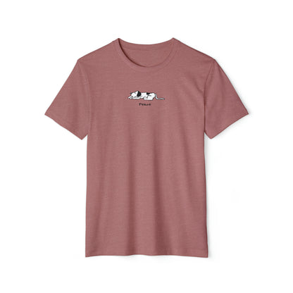 Black and white lying down sleeping dog on heather mauve red color unisex men's t-shirt. Text under image says Peace.