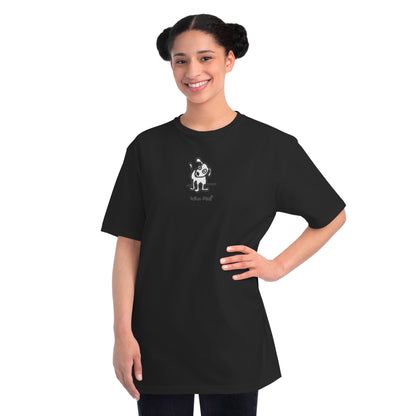 Woman in black organic unisex t-shirt featuring a playful, cartoon-style dog with one ear raised and a wagging tail, with the caption “Who Me?” printed below—a fun eco-friendly graphic tee for dog lovers.
