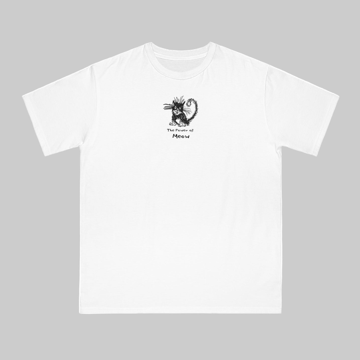 White organic unisex t-shirt featuring a humorous cartoon cat design with the text “The Power of Meow,” perfect for cat lovers.