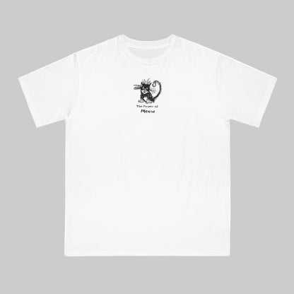 White organic unisex t-shirt featuring a humorous cartoon cat design with the text “The Power of Meow,” perfect for cat lovers.