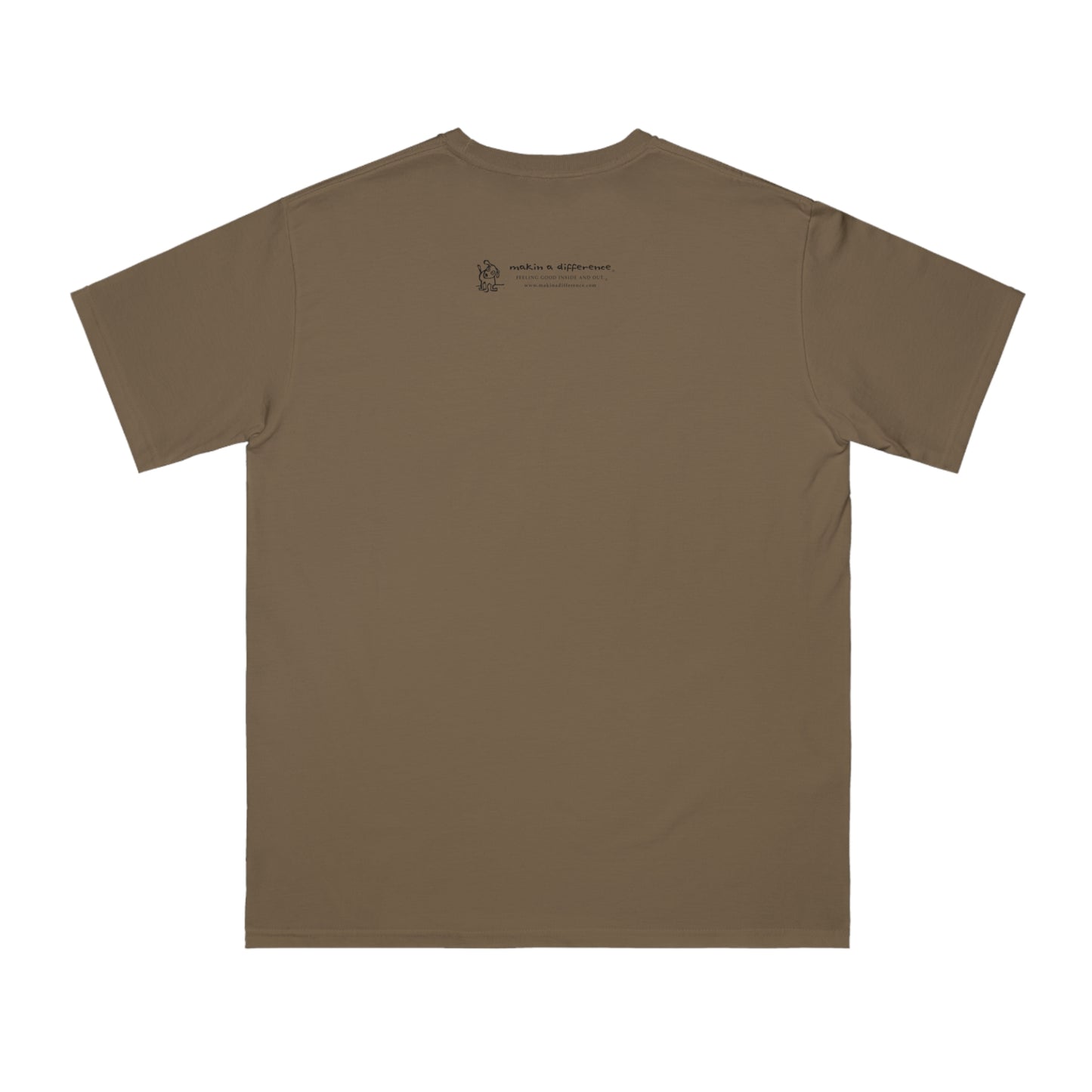 Back of meteorite brown organic t-shirt with Who Me? dog logo and Makin’ a Difference tagline Feeling Good Inside and Out!