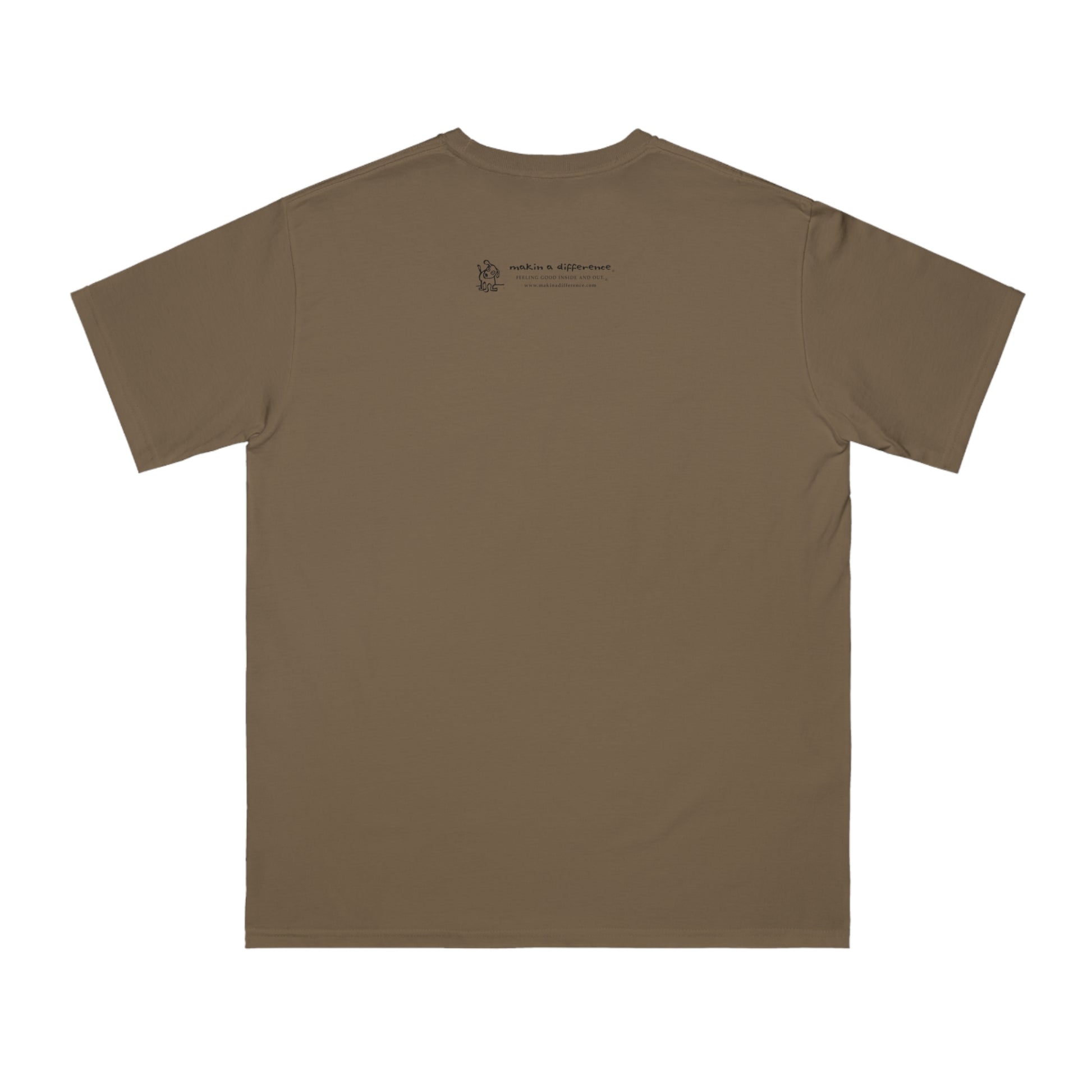 Back of meteorite brown organic t-shirt with Who Me? dog logo and Makin’ a Difference tagline Feeling Good Inside and Out!