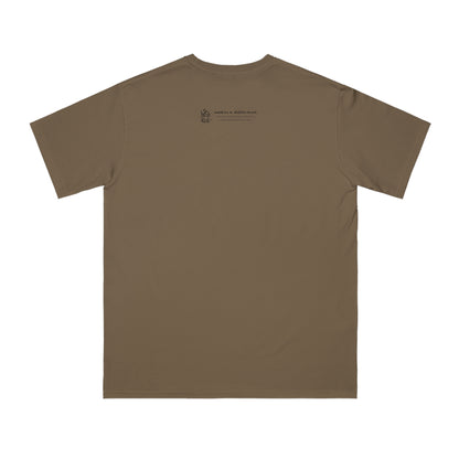 Back of meteorite brown organic t-shirt with Who Me? dog logo and Makin’ a Difference tagline Feeling Good Inside and Out!
