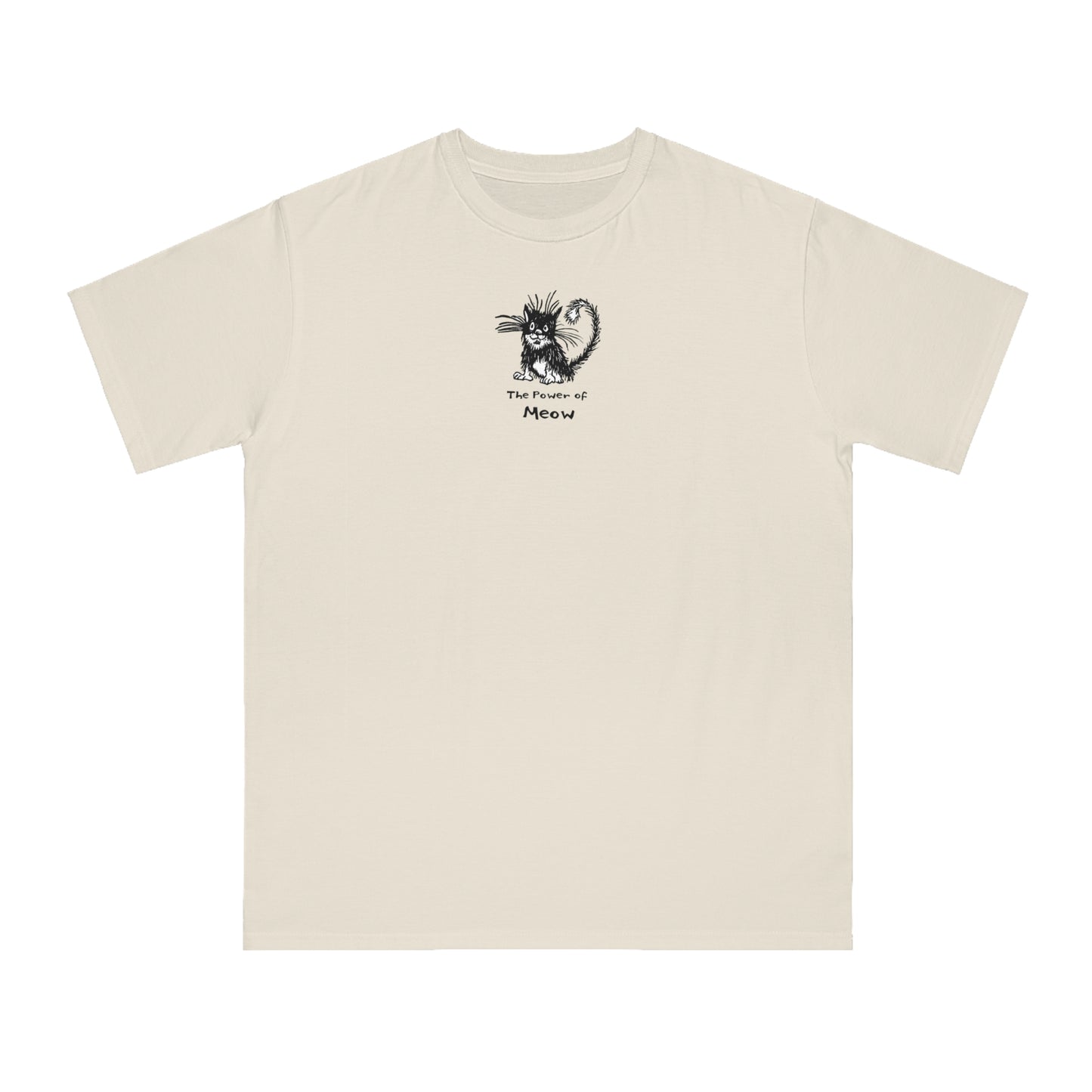 Dolphin beige organic unisex t-shirt featuring a humorous cartoon cat design with the text “The Power of Meow,” perfect for cat lovers.