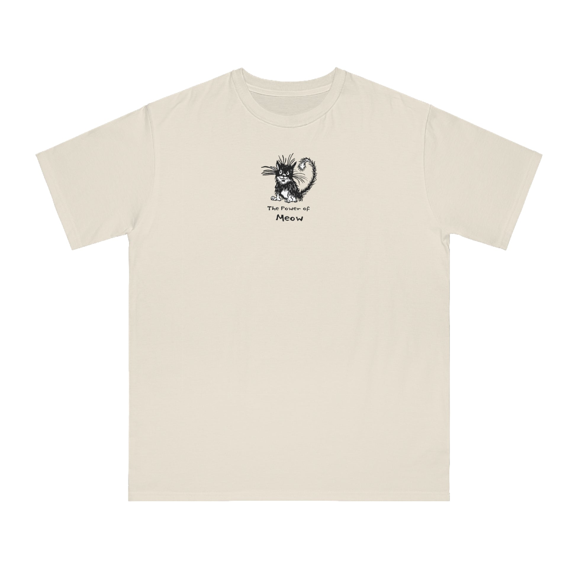 Dolphin beige organic unisex t-shirt featuring a humorous cartoon cat design with the text “The Power of Meow,” perfect for cat lovers.