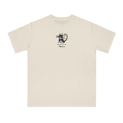 Dolphin beige organic unisex t-shirt featuring a humorous cartoon cat design with the text “The Power of Meow,” perfect for cat lovers.