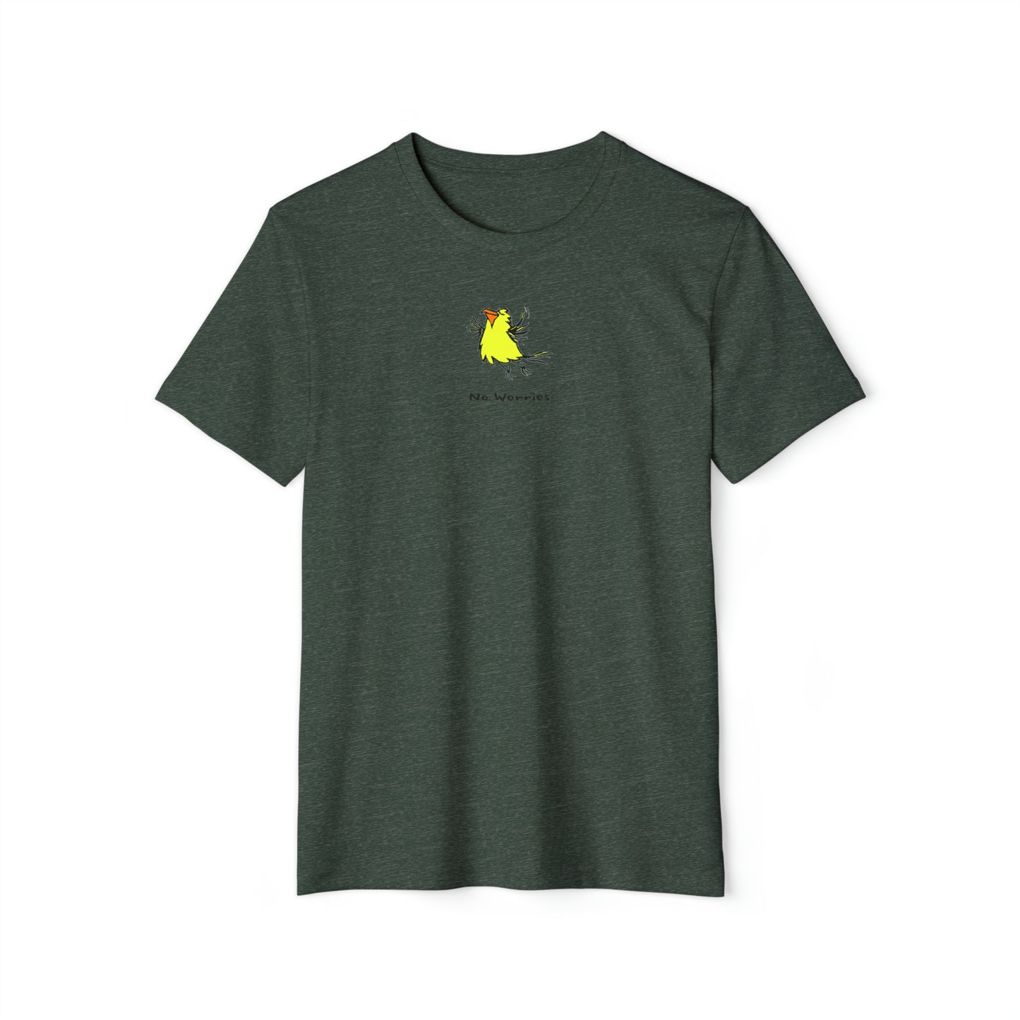 Yellow flying bird with orange beak on heather forest green color unisex men's t-shirt. Text under image says No Worries