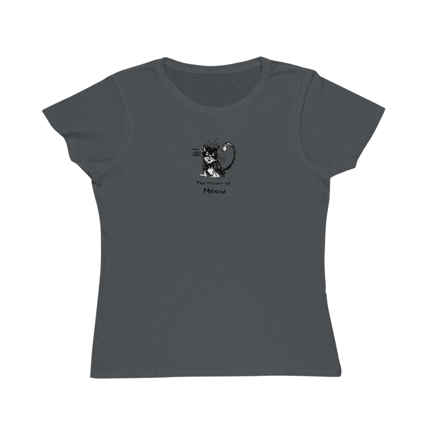 Black and white cat sitting on charcoal color women's t-shirt. Text under reads The Power of Meow