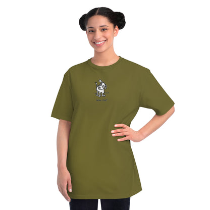 Woman in olive green organic unisex t-shirt featuring a playful, cartoon-style dog with one ear raised and a wagging tail, with the caption “Who Me?” printed below—a fun eco-friendly graphic tee for dog lovers.