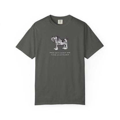 Comfort Colors pepper, slate gray short-sleeve crew neck T-shirt featuring shaggy dog artwork from an original linoleum block print by Barry Nelles, with the humorous text “Please wait a moment while I verify you are humane” printed below the image. Makin’ a Difference.