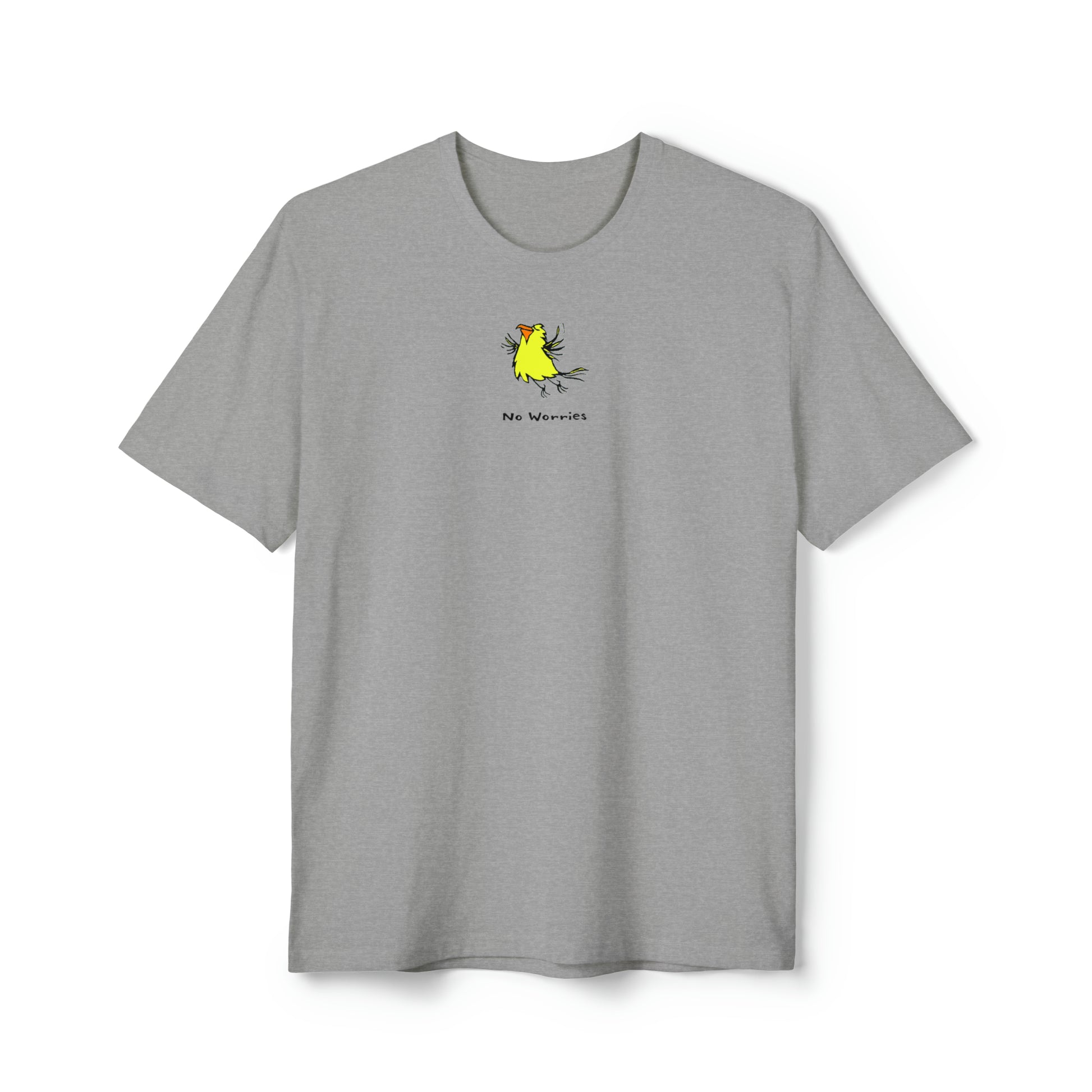 Yellow flying bird with orange beak on light heather grey color recycled unisex men's t-shirt. Text under image says No Worries