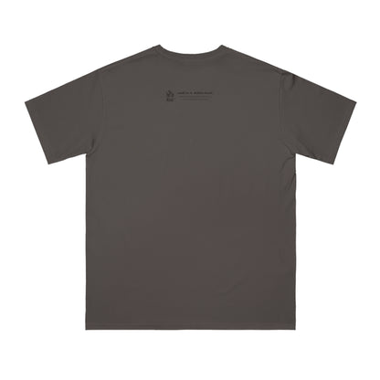Back of charcoal gray organic t-shirt with Who Me? dog logo and Makin’ a Difference tagline Feeling Good Inside and Out!