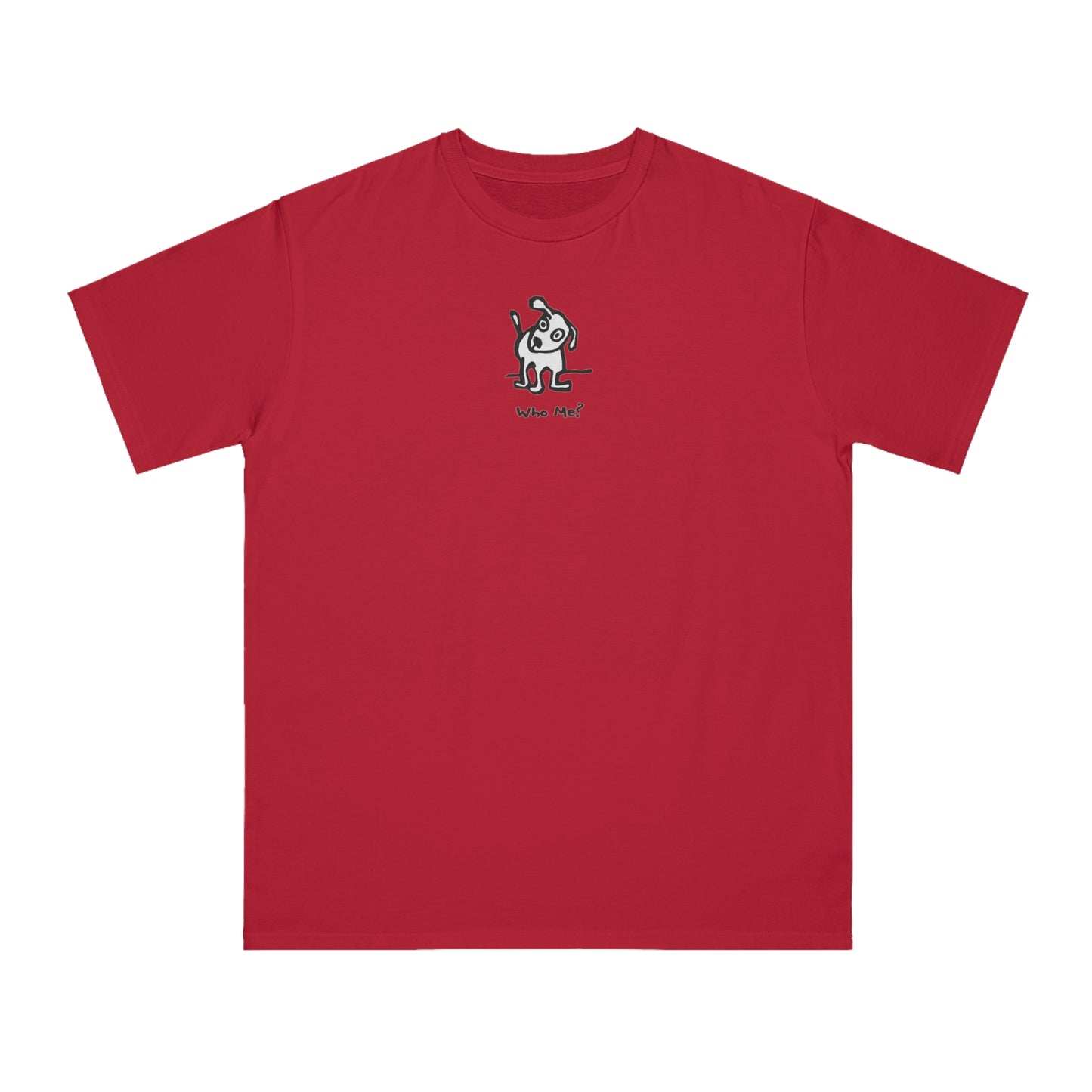 Red pepper organic unisex t-shirt featuring a playful, cartoon-style dog with one ear raised and a wagging tail, with the caption “Who Me?” printed below—a fun eco-friendly graphic tee for dog lovers!