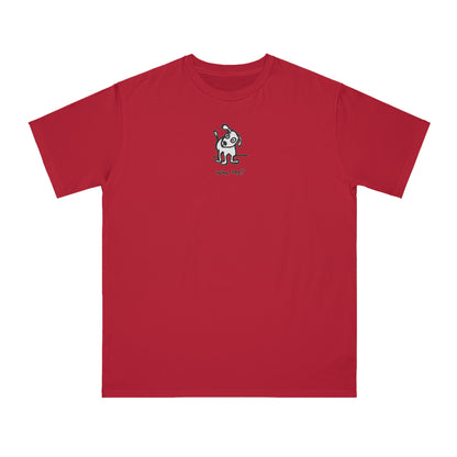 Red pepper organic unisex t-shirt featuring a playful, cartoon-style dog with one ear raised and a wagging tail, with the caption “Who Me?” printed below—a fun eco-friendly graphic tee for dog lovers!