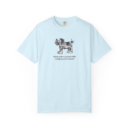 Comfort Colors unisex chambray light-blue short-sleeve crew neck T-shirt featuring shaggy dog artwork from an original linoleum block print by Barry Nelles, with the humorous text “Please wait a moment while I verify you are humane” printed below the image. Makin’ a Difference.