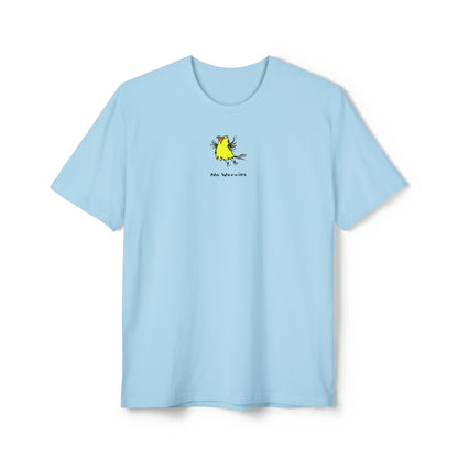 Yellow flying bird with orange beak on crystal blue recycled unisex men's t-shirt. Text under image says No Worries
