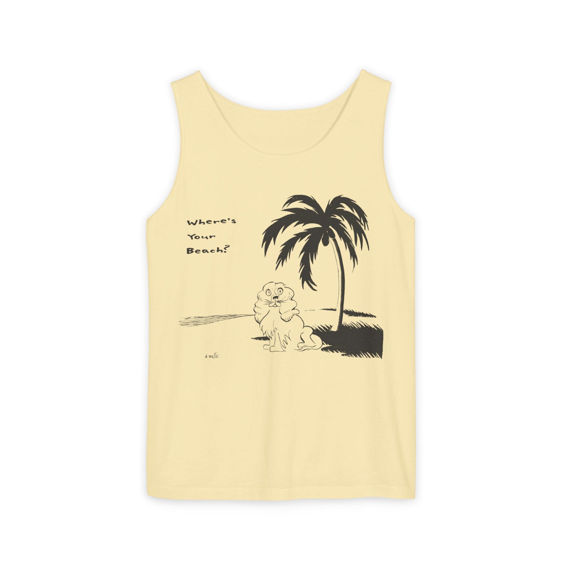 butter yellow colored tank top with image of cocker spaniel on beach under palm tree with text reading Where's Your Beach?