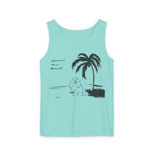 chalky mint colored tank top with image of cocker spaniel on beach under palm tree with text reading Where's Your Beach?