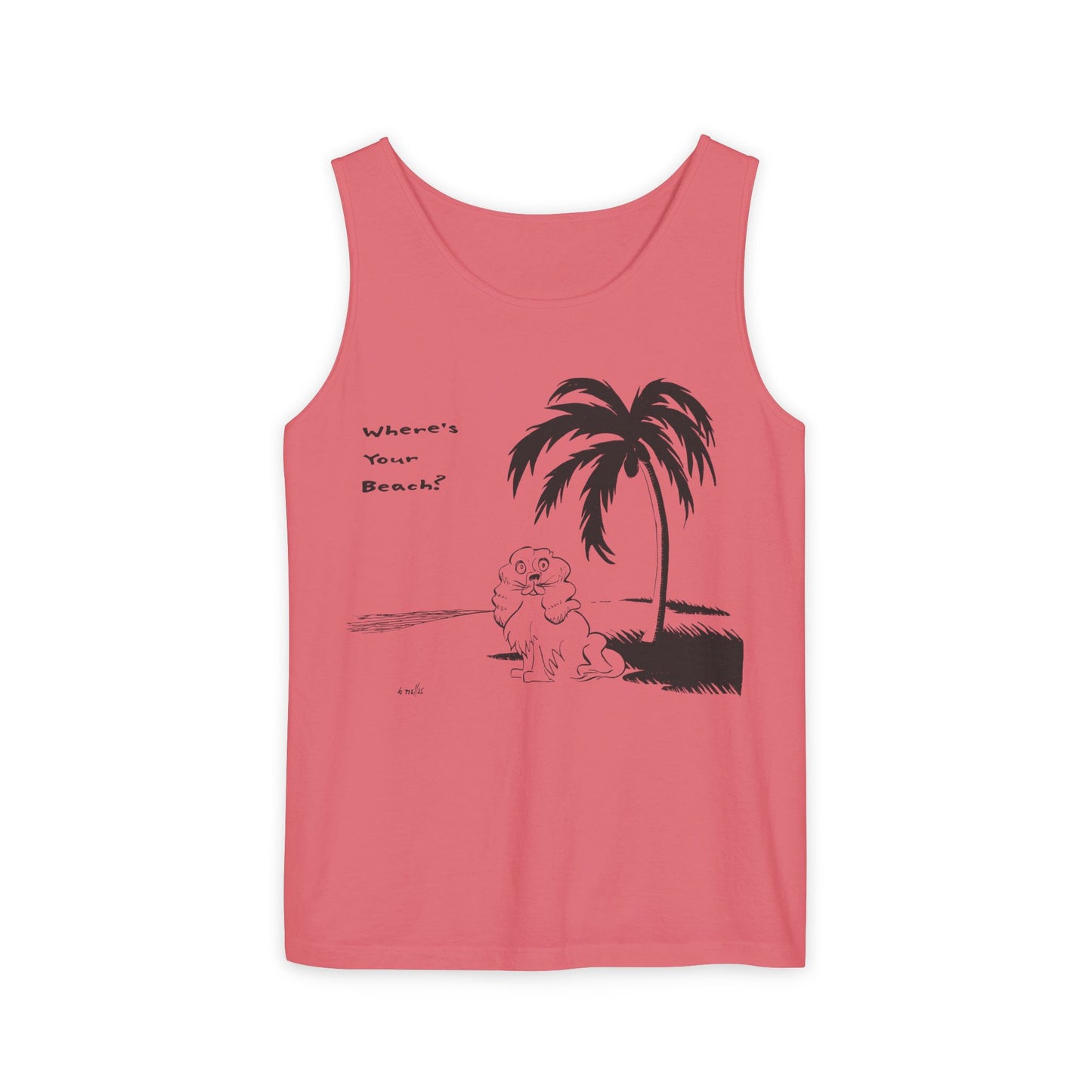 watermelon red colored tank top with image of cocker spaniel on beach under palm tree with text reading Where's Your Beach?