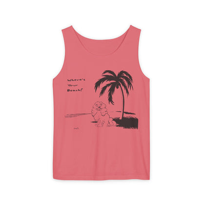 watermelon red colored tank top with image of cocker spaniel on beach under palm tree with text reading Where's Your Beach?