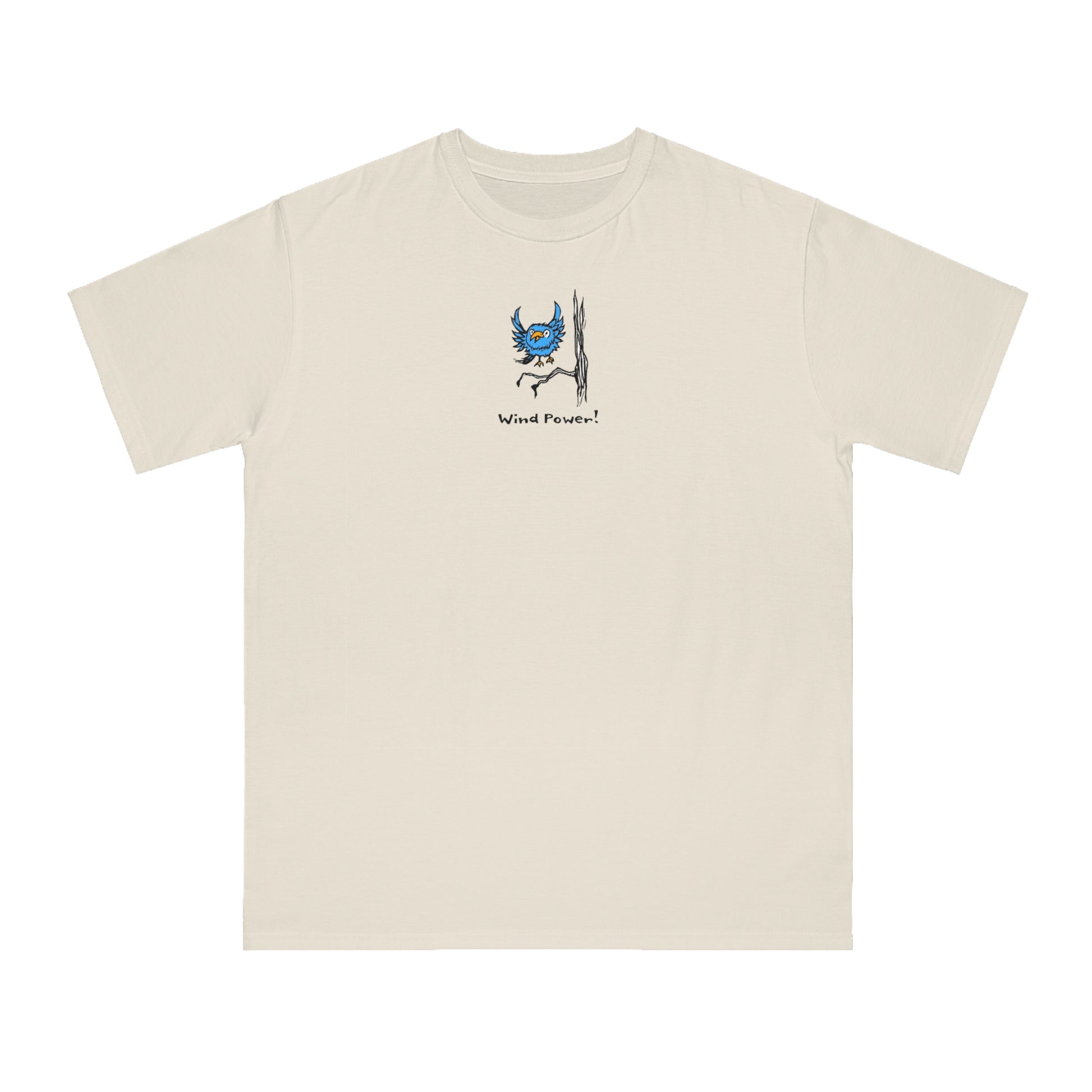 Blue bird with orange beak flying over branch on tree on dolphin blue tint color unisex men's t-shirt. Text under it reads Wind Power