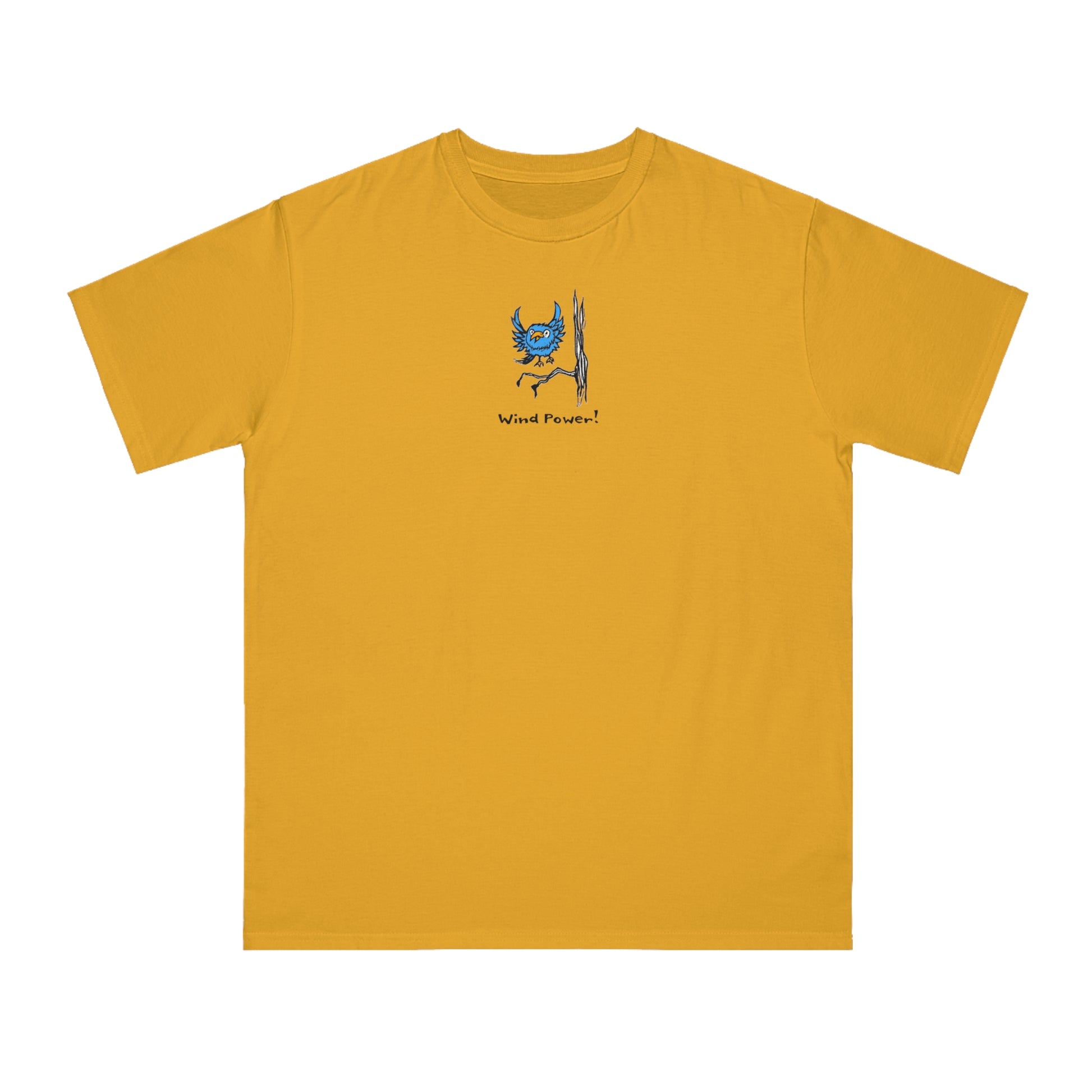 Blue bird with orange beak flying over branch on tree on beehive yellow color unisex men's t-shirt. Text under it reads Wind Power
