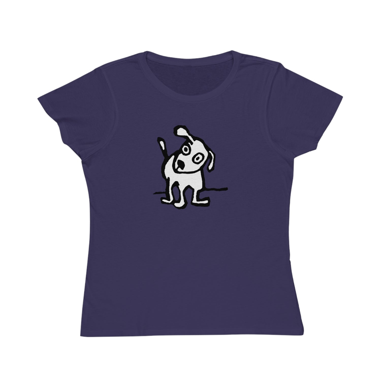 Iris blue t-shirt with cap sleeves featuring design of a playful, cartoon-style dog with one ear raised and a wagging tail.