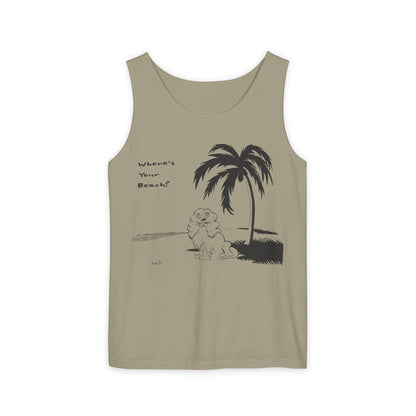 sandy colored tank top with image of cocker spaniel on beach under palm tree with text reading Where's Your Beach?