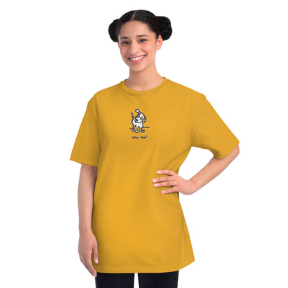 Woman in beehive yellow organic unisex t-shirt featuring a playful, cartoon-style dog with one ear raised and a wagging tail, with the caption “Who Me?” printed below—a fun eco-friendly graphic tee for dog lovers.