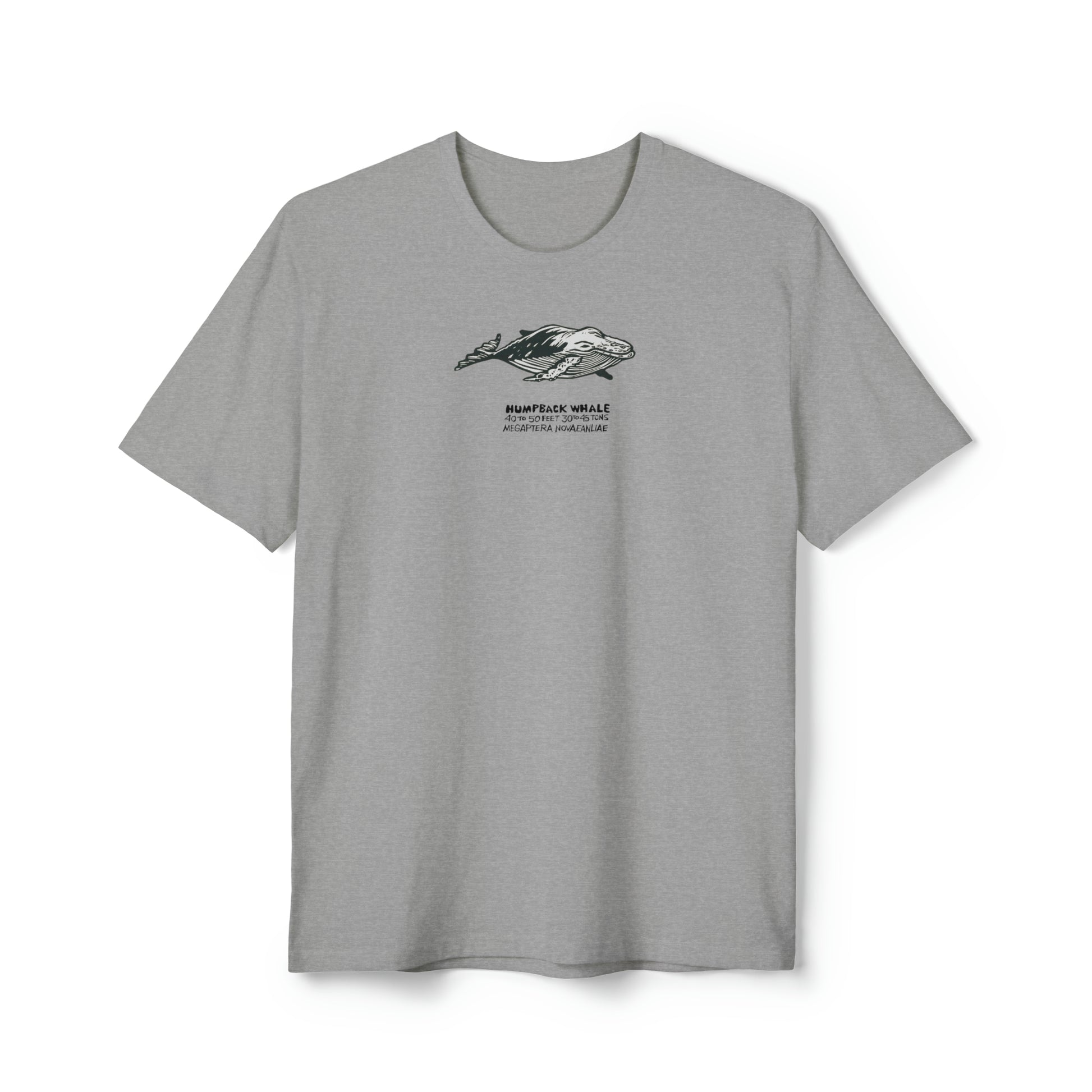 Black, white, and gray Humpback Whale on light heather gray color unisex men's t-shirt. Text under image says Humpback Whale plus height weight and Latin name.