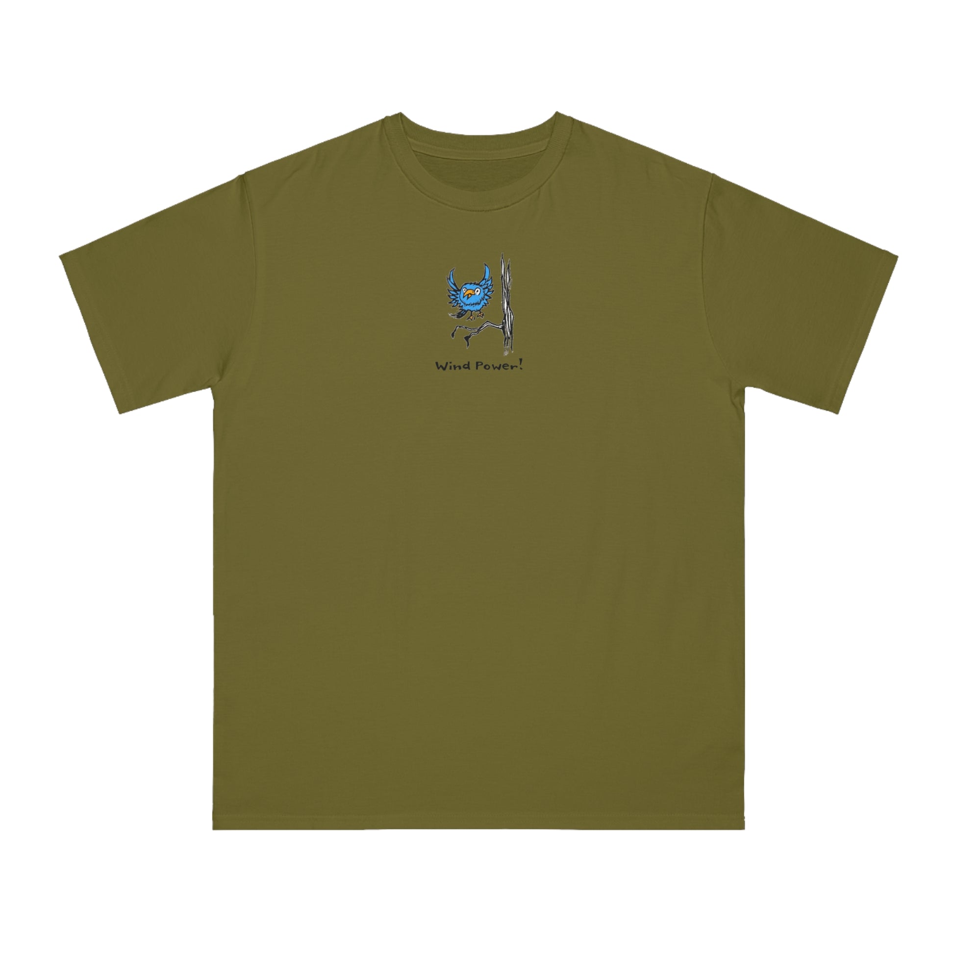 Blue bird with orange beak flying over branch on tree on olive color unisex men's t-shirt. Text under it reads Wind Power