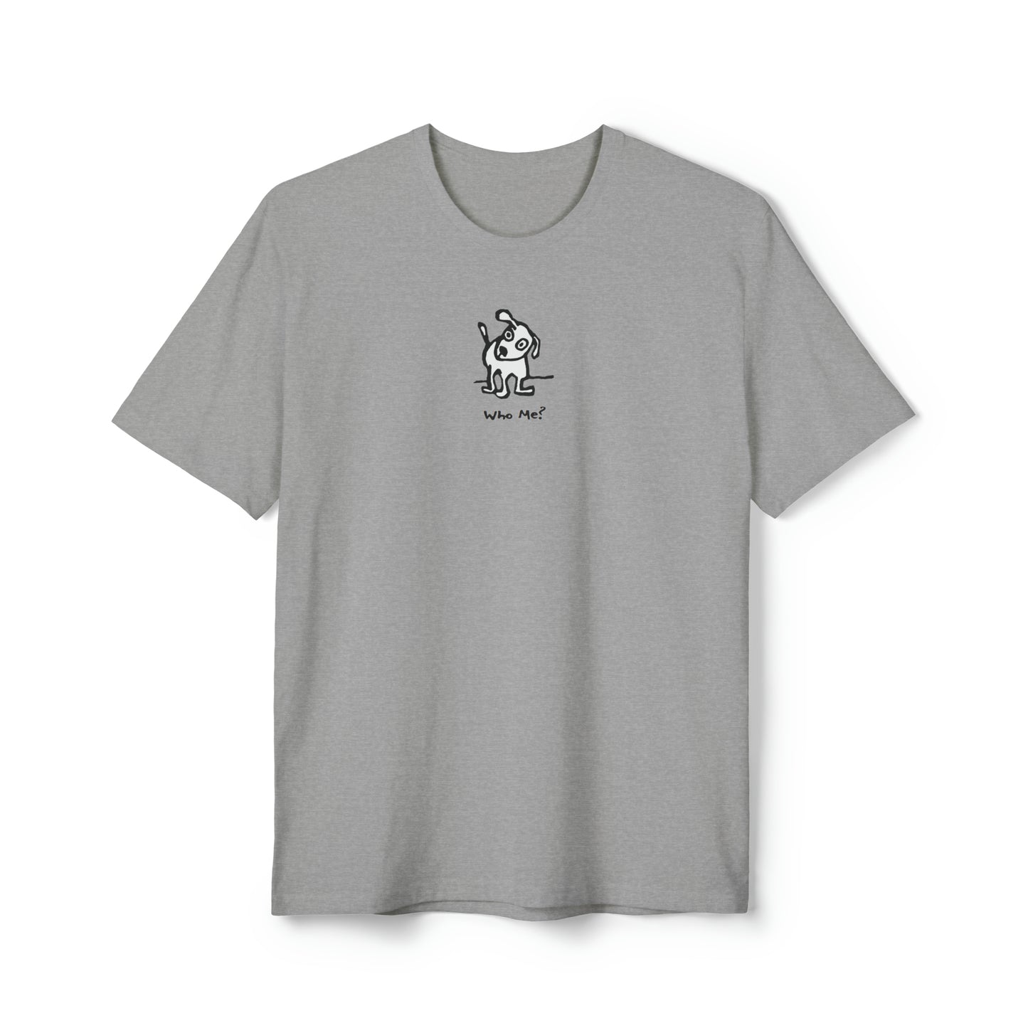 Black and white dog with head cocked to one side on light heather gray color recycled unisex men's t-shirt. Text under image says Who Me?