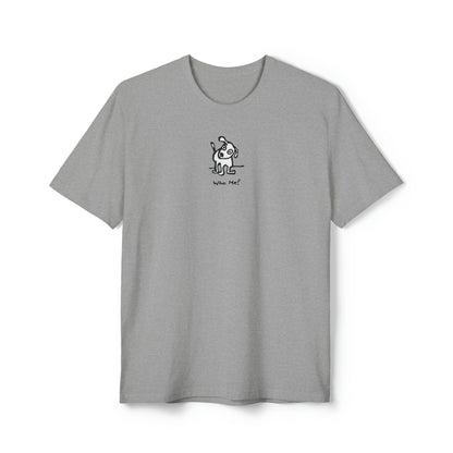 Black and white dog with head cocked to one side on light heather gray color recycled unisex men's t-shirt. Text under image says Who Me?