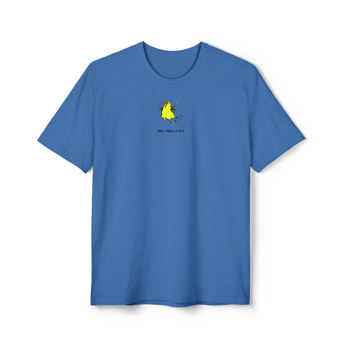 Yellow flying bird with orange beak on blue heather color recycled unisex men's t-shirt. Text under image says No Worries
