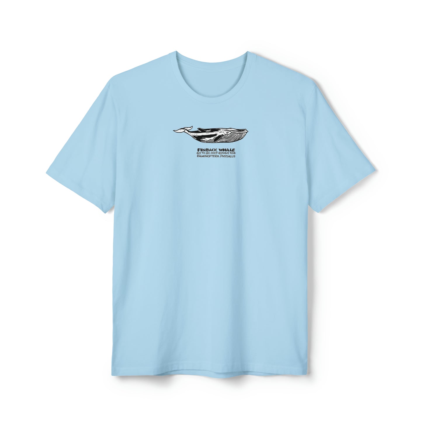 Black, white, and gray Finback Whale on crystal blue color unisex men's t-shirt. Text under image says Finback Whale plus height weight and Latin name.