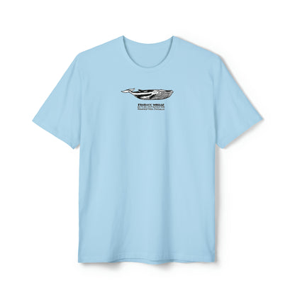 Black, white, and gray Finback Whale on crystal blue color unisex men's t-shirt. Text under image says Finback Whale plus height weight and Latin name.