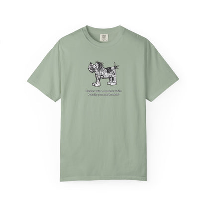 Comfort Colors unisex bay light-green short-sleeve crew neck T-shirt featuring shaggy dog artwork from an original linoleum block print by Barry Nelles, with the humorous text “Please wait a moment while I verify you are humane” printed below the image. Makin’ a Difference.